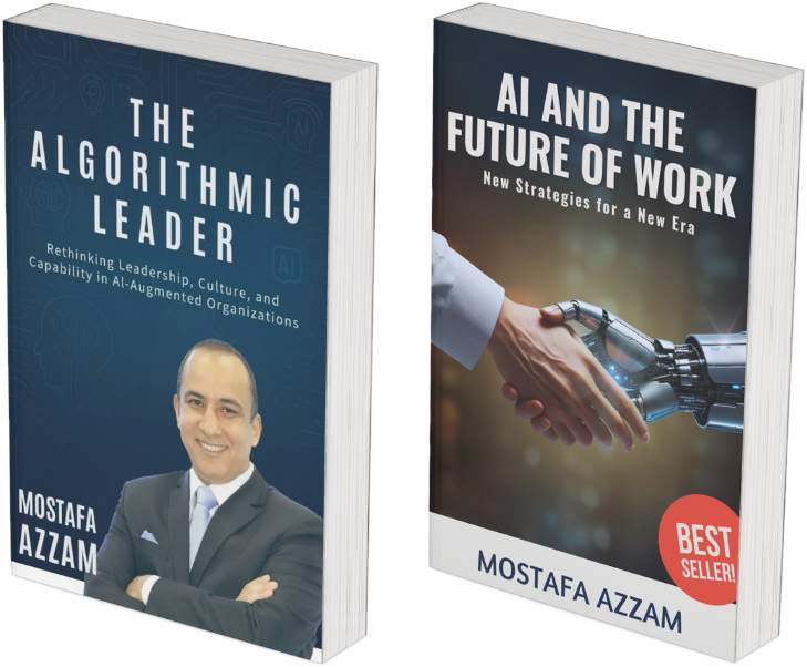 Book covers: The Algorithmic Leader and AI and the Future of Work, by Mostafa Azzam