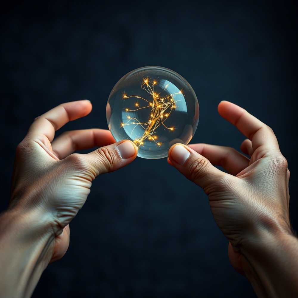 Illustration of two hands holding a glass sphere with a glowing network inside