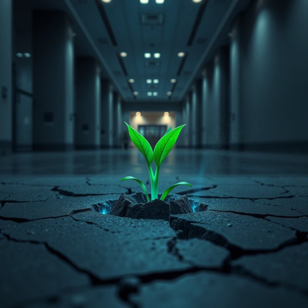 Illustration of a green shoot breaking through cracked ground in an empty corridor