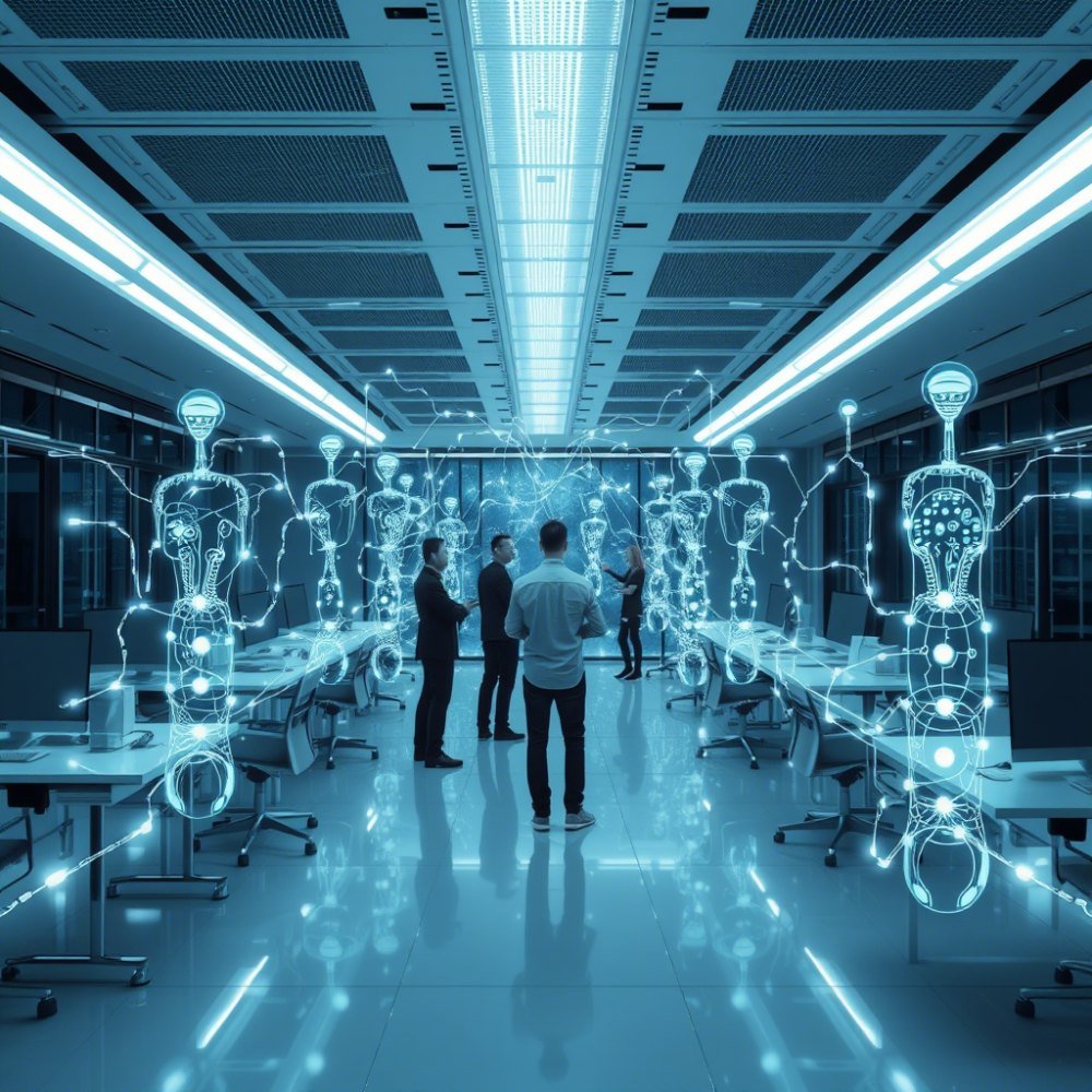 Illustration of an office where people work alongside holographic AI agents