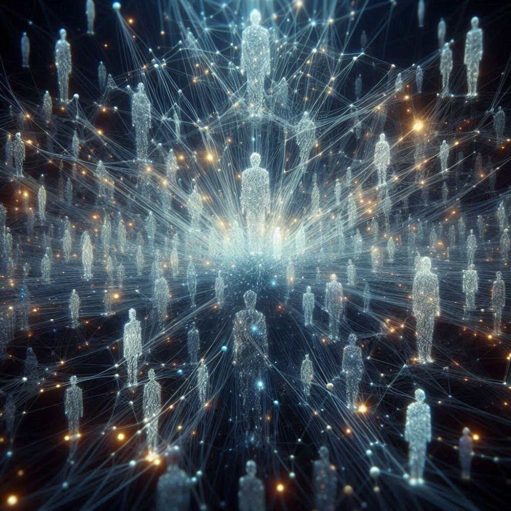 Illustration of human figures linked in a vast glowing network