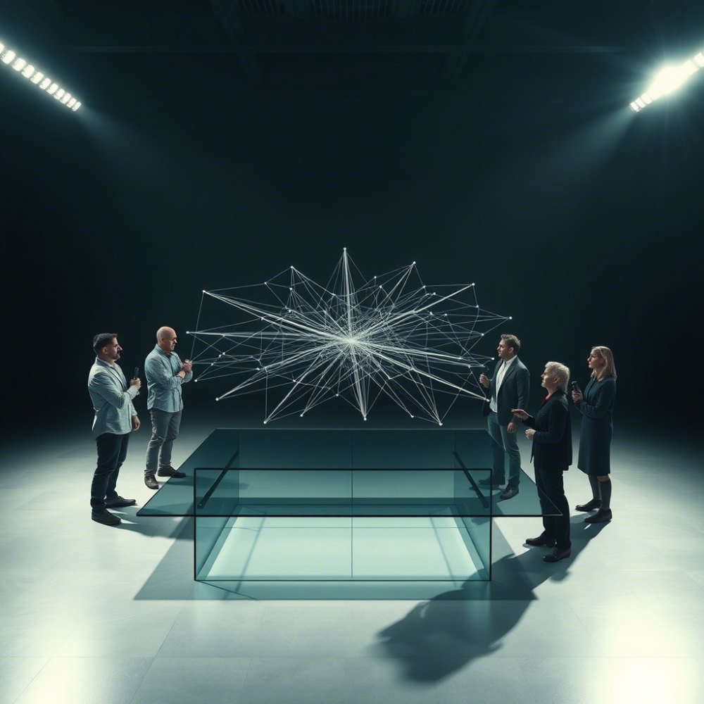 Illustration of leaders studying a web of decision lines above a glass table