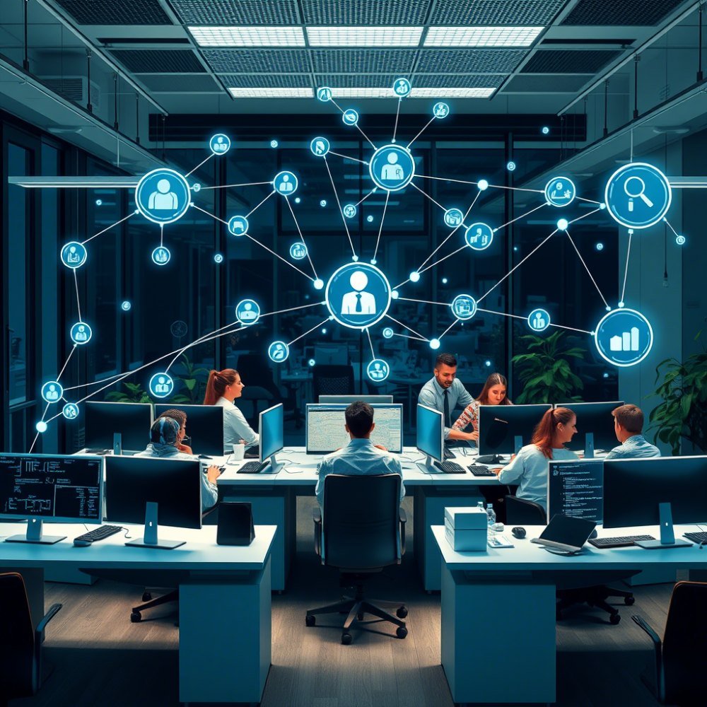 Illustration of an office team working beneath a network of connected icons