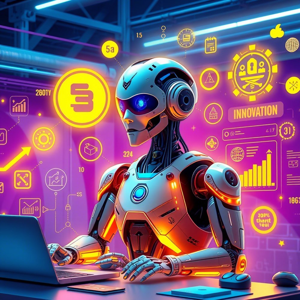 Illustration of a robot at a laptop surrounded by innovation icons