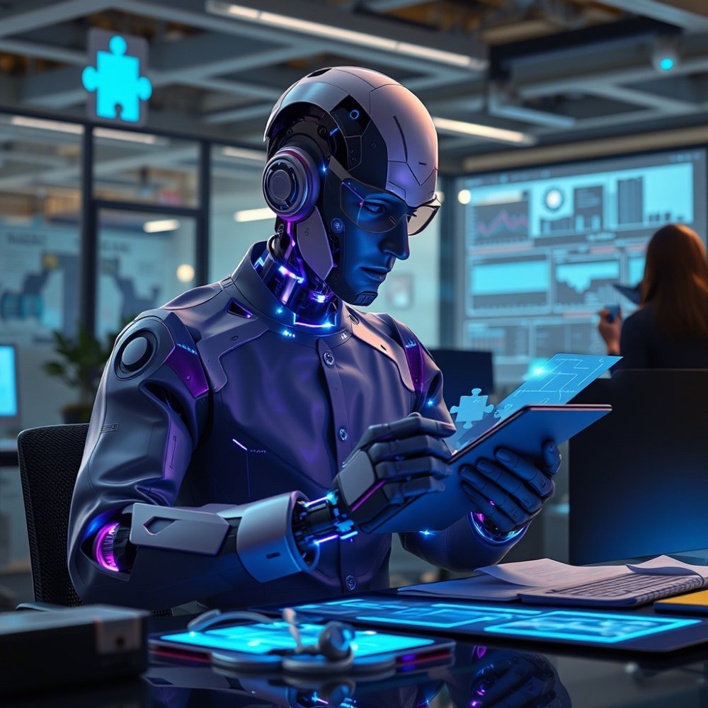 Illustration of an AI agent analysing data on a tablet in an office