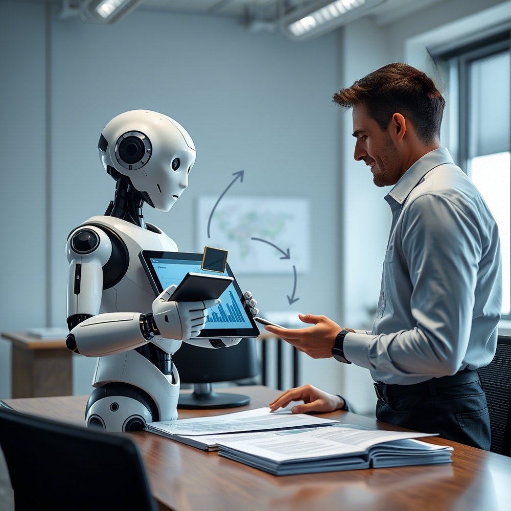 Illustration of a humanoid robot and a professional reviewing a tablet together