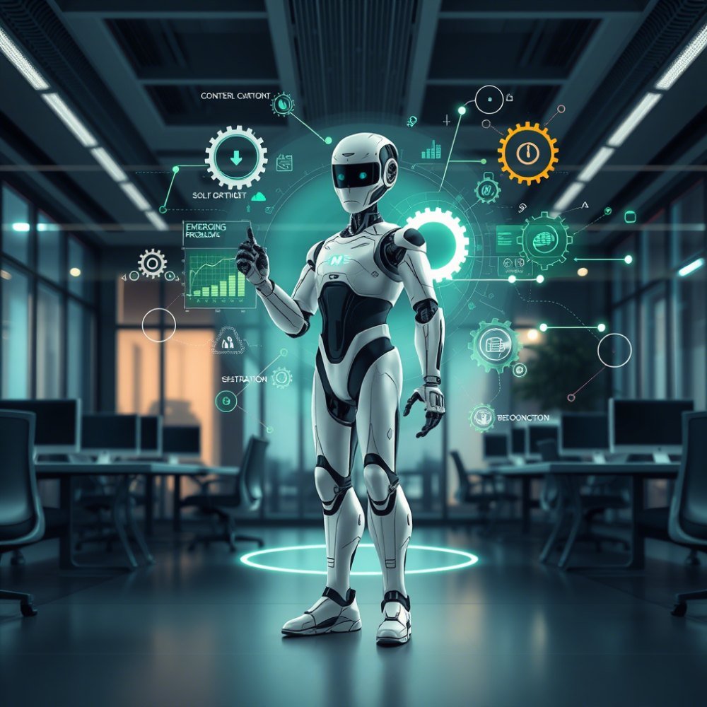 Illustration of a humanoid robot surrounded by holographic process icons