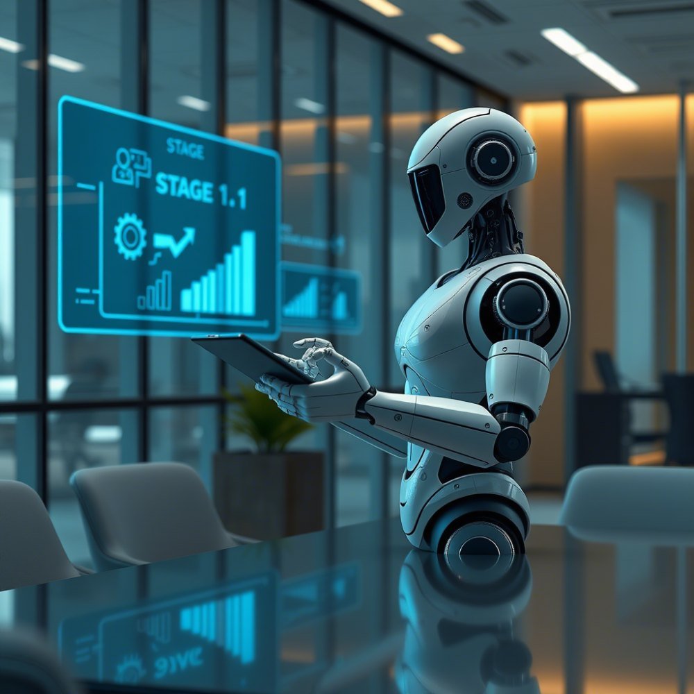 Illustration of a robot reviewing a holographic dashboard