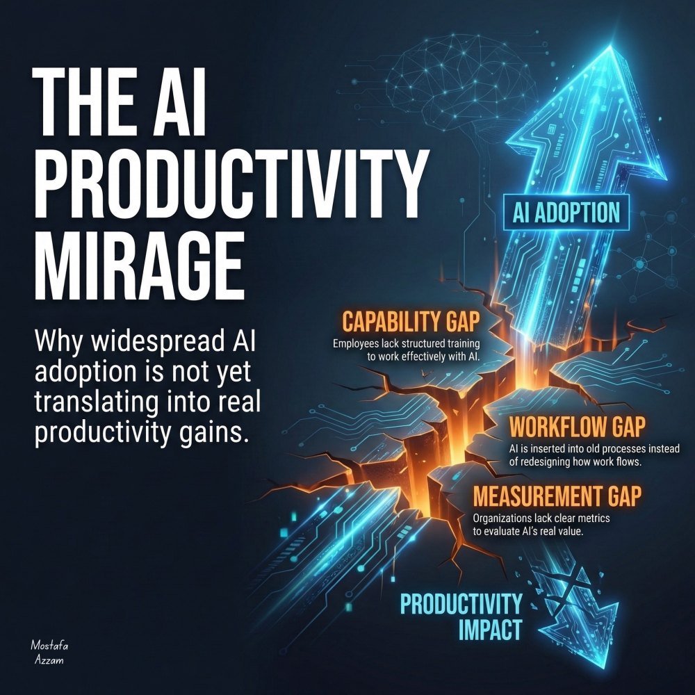Infographic: the AI productivity mirage, with capability, workflow and measurement gaps between AI adoption and productivity impact