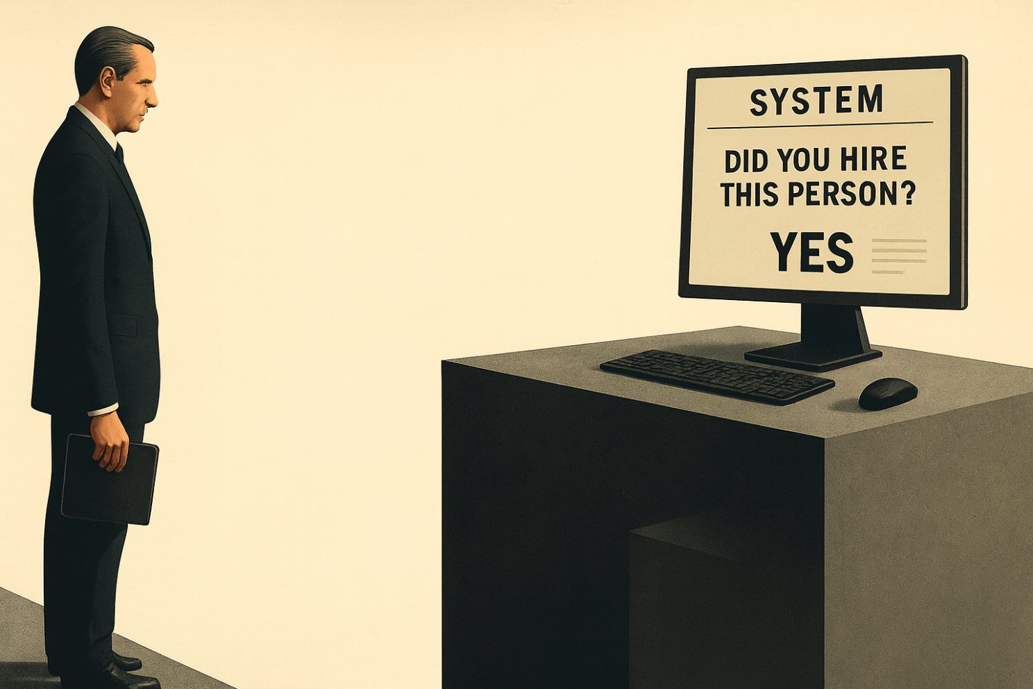 Illustration of a manager facing a computer that asks whether he hired this person