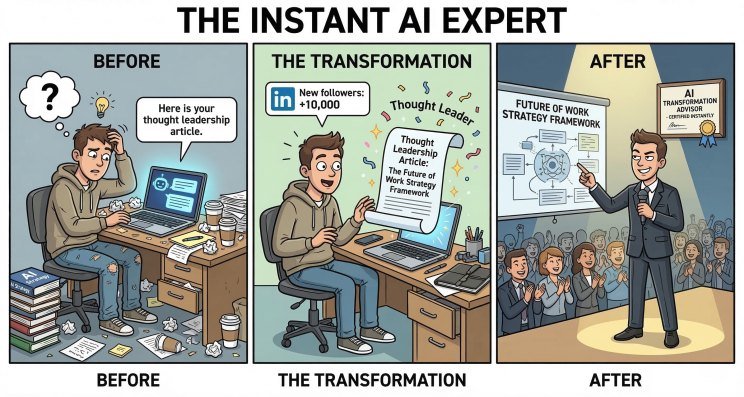 Cartoon: the instant AI expert, before, during and after the transformation