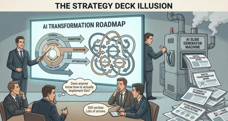 Cartoon: the strategy deck illusion, an AI transformation roadmap produced by a slide generator