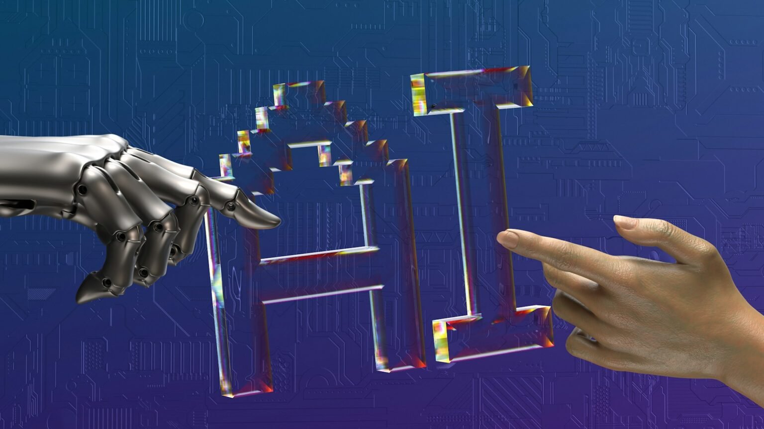 يد روبوت ويد إنسان تمتدّان نحو حرفَي AI